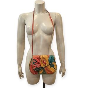 Vtg SHARIF Usa Patchwork Lizard Croc Red Yellow Green Leather Shoulder Bag